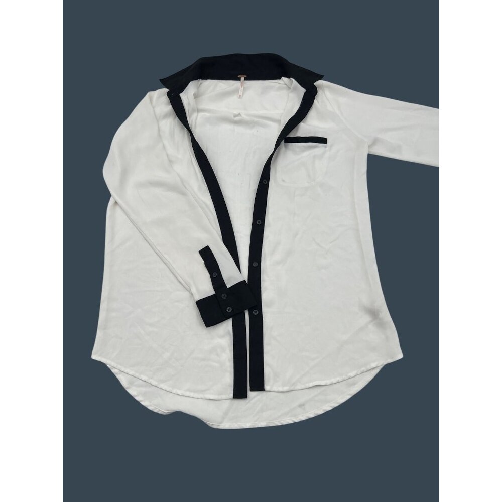 Free People Womens Oversized Blouse‎ White & Black Button Down Size XS